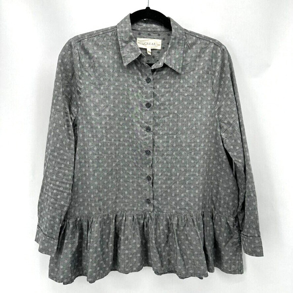 The Great. The Ruffle Oxford Top Size XS Cotton Polka Dot Grey Peplum Preppy - Picture 2 of 12